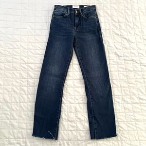 Frame Le High Flare Medium Blue Denim Stretch Jeans Raw Hem  Woman’s Sz 24